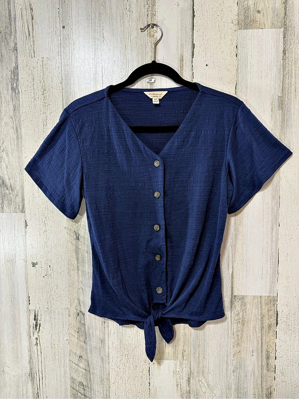 Weatherproof Vintage Tie Front Button Top in Blue Size Small